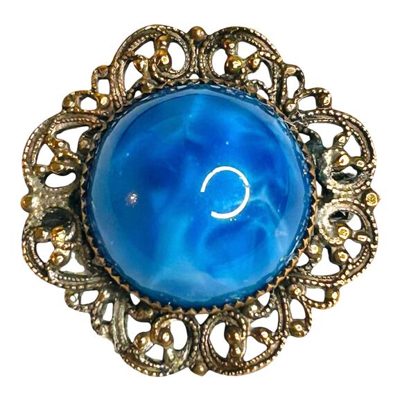 Vintage Blue Swirl Czech Glass Cabochon Gold Tone Brass Filigree Frame Brooch - Picture 1 of 5